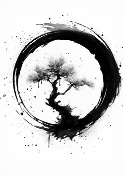 Tattoo template of a bonsai tree within a black ink circle