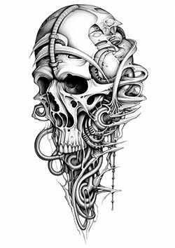 Tattoo template of a biomechanical skull merged with machinery and cables