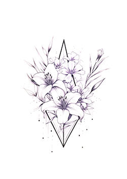 Tattoo template of a floral design with lilies in a geometric diamond frame, blending nature and art.