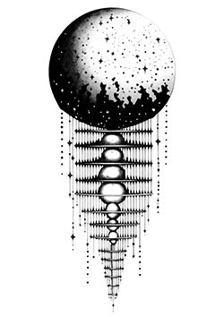 Tattoo template of a stylized moon transforming into beads