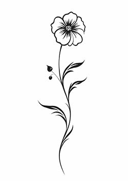 Tattoo template of a delicate single flower with intricate petals and leaves on a slim stem