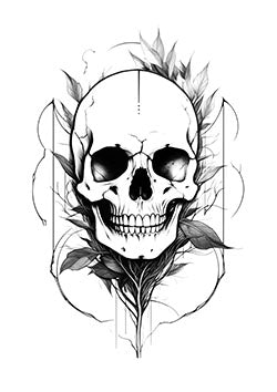 Tattoo template of a skull with intertwining leaves symbolizing life and death balance