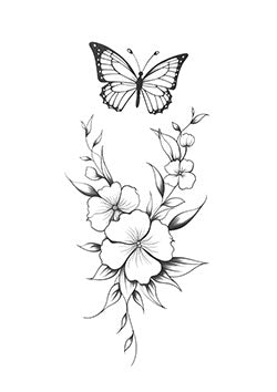 Tattoo template of a delicate butterfly above intricately detailed flowers, symbolizing grace and transformation.