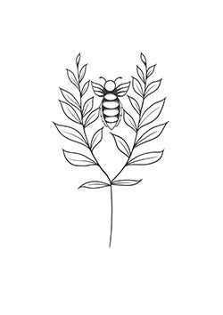 Tattoo template of a bee with surrounding botanical elements.