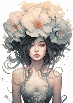 Tattoo template of a woman with long hair wearing a crown of bloomed flowers.