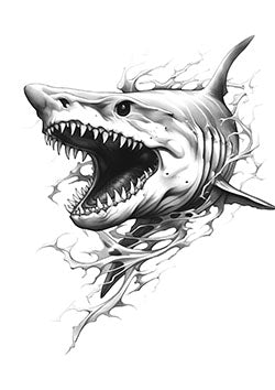 Tattoo template of a fierce, roaring shark emerging from swirling waters.