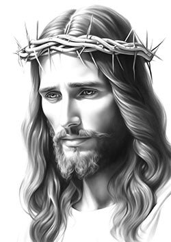 Tattoo template of a solemn bearded figure with long hair and a crown of thorns