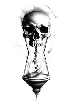 Tattoo template of a skull inside an hourglass representing the passage of time.