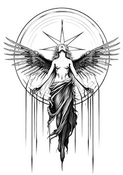 Tattoo template of an angel rising with outstretched wings and a celestial circle in the background