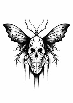 Tattoo template of a skull with butterfly wings merging life and death