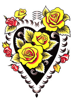 Tattoo template of a heart with yellow and red roses surrounded by leaves and black patterns