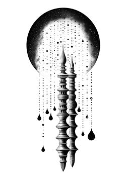 Tattoo template of a moon over a dripping tower