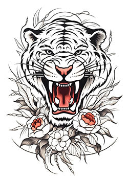 Tattoo template of a roaring white tiger amidst flowers and leaves