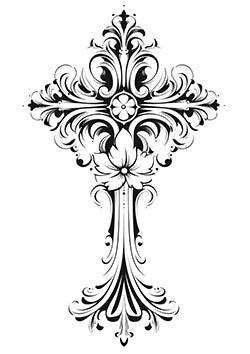 Tattoo template of a cross with ornate floral patterns