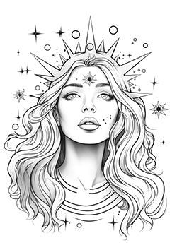 Tattoo template of a celestial goddess with a radiant crown and stars