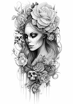 Tattoo template of a woman with roses and skulls, blending beauty and eerie elegance