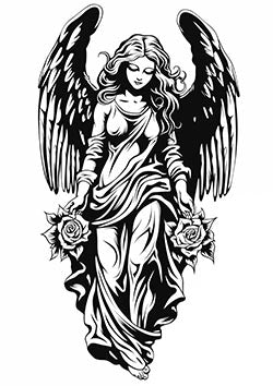 Tattoo template of a serene angel with wings holding a rose