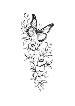 Tattoo template of a butterfly on flowers symbolizing grace and transformation