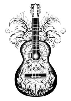 Tattoo template of a guitar with decorative feathers