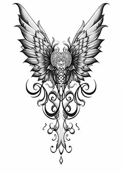 Tattoo template of a heart with angel wings and delicate filigree.