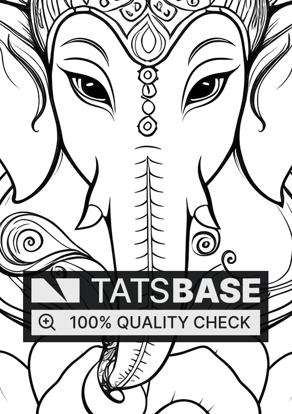 Tattoo template of a detailed elephant deity with ornate headgear and flowers.