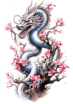 Tattoo template of a dragon with sakura blossoms