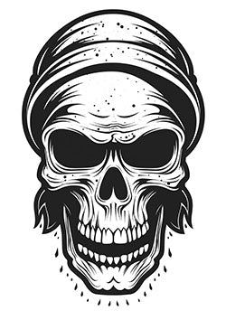 Tattoo template of a detailed skull with a bandana and a sinister grin reflecting mortality and mystery