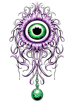 Tattoo template of an ornate eye with swirling flames and amulet