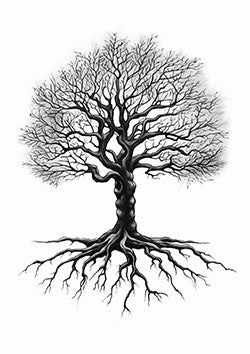 Tattoo template of a detailed tree with bare branches and visible roots