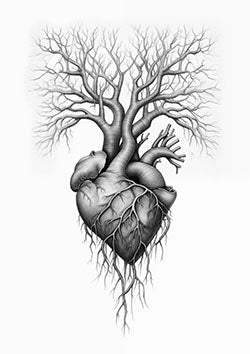 Tattoo template of a realistic heart transforming into tree branches symbolizing interconnected life