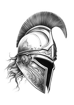 Tattoo template of a detailed ancient warrior helmet with intricate designs and flowing plumes symbolizing strength and honor