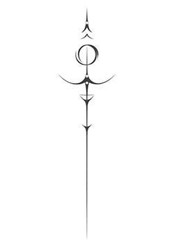 Tattoo template of a minimalist spear design with celestial elements, symbolizing strength and cosmic harmony