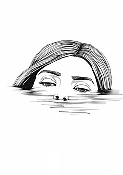 Tattoo template of a woman's head above water with deep, emotional eyes