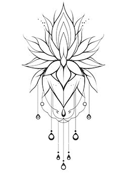 Tattoo template of a lotus flower with symmetrical lines and hanging jewel elements