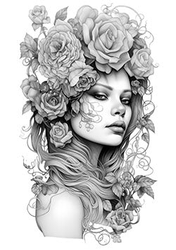 Tattoo template of a serene woman with roses and flowing hair