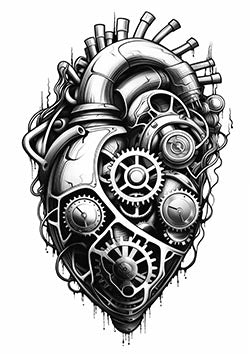 Tattoo template of a mechanical heart with gears and pipes