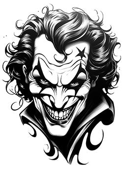 Tattoo template of a sinister clown with wild hair and a menacing smile