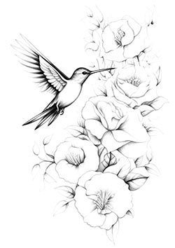 Tattoo template of a hummingbird near blooming flowers, capturing grace and serenity.