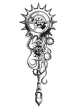 Tattoo template of a gear mechanism with artistic swirls