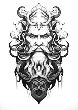 Tattoo template of a wise sovereign with a flowing beard and intricate, ethereal details