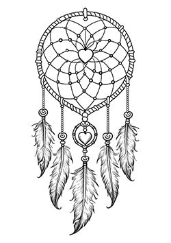 Tattoo template of a dreamcatcher with heart and feathers symbolizing protection and love