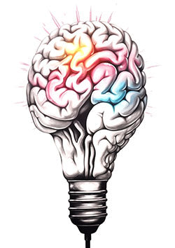 Tattoo template of a brain-shaped lightbulb emitting vibrant hues, symbolizing creativity and enlightenment