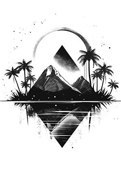 Tattoo template of a geometric black and white mountain landscape with palm trees