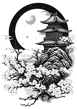 Tattoo template of a pagoda with cherry blossoms under a crescent moon