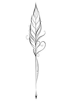 Tattoo template of a delicate feather with swirling artistic details.