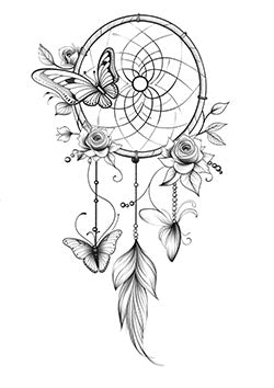 Tattoo template of a dreamcatcher with butterflies and roses