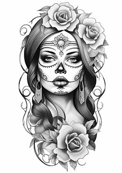 Tattoo template of a woman with Dia de los Muertos face paint and roses