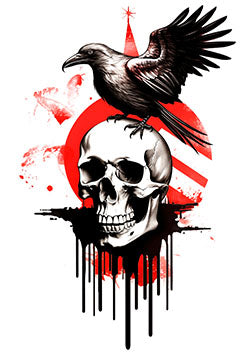 Tattoo template of a raven on a skull with a red background and blood splashes evoking mystery and mortality.