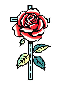 Tattoo template of a vibrant rose with a cross symbolizing reverence and eternal love