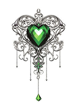 Tattoo template of an emerald heart with ornate filigree and dangling gemstones